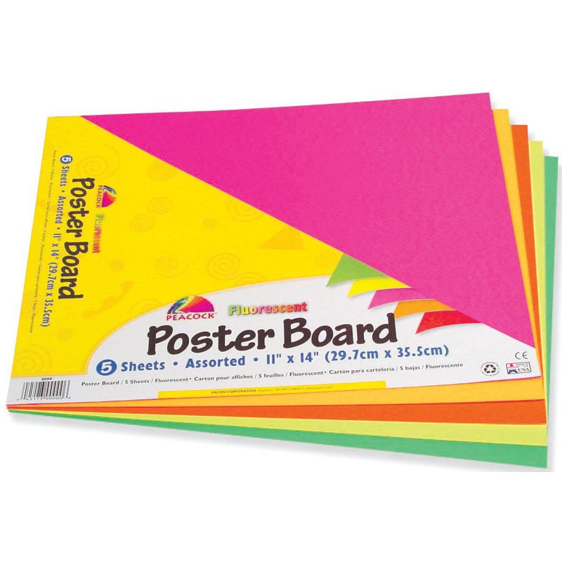 Fluorescent Poster Board Pack - 11 x 15 Inches, 5 Assorted Sheets