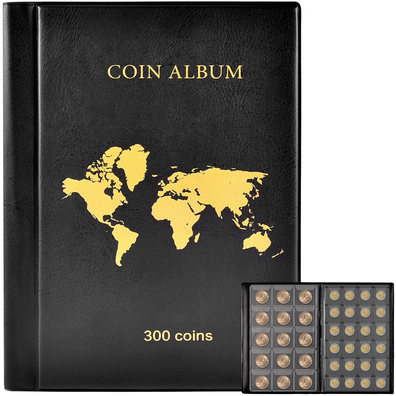 Coin Collection Book Holder Album with 300 Pockets for Collectors - Black/Blue