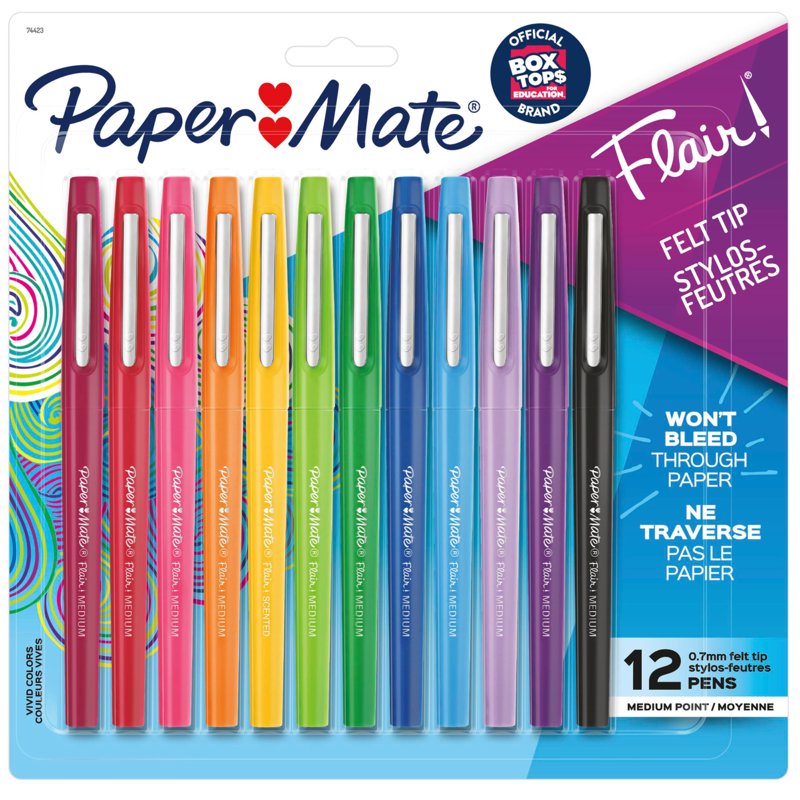 Paper Mate Flair Felt Tip Pen Set - 12 Bright Colors, 0.7mm, Teacher Favorite
