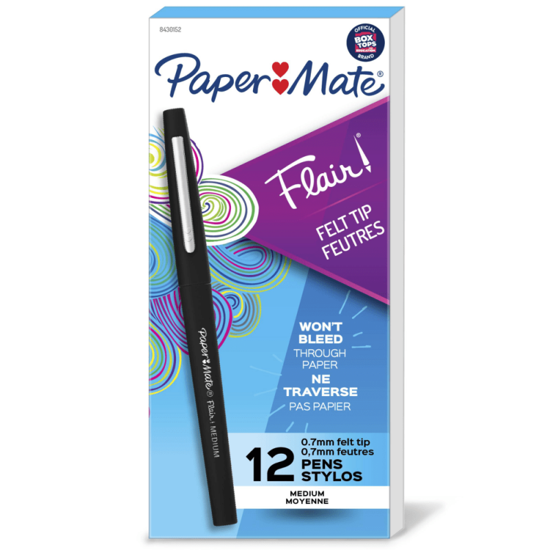 Paper Mate Flair Felt Tip Pens, Medium Point 0.7mm, Black, 12 Count