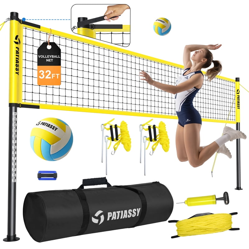 Outdoor Volleyball Net Set 32FT with Adjustable Height Steel Poles Carry Bag