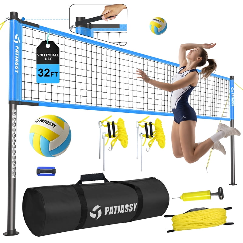 Outdoor Volleyball Net Set 32FT with Adjustable Height Steel Poles Carry Bag