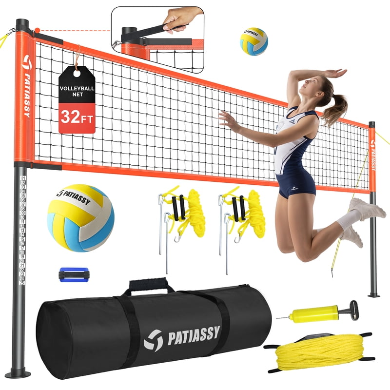 Outdoor Volleyball Net Set 32FT with Adjustable Height Steel Poles Carry Bag