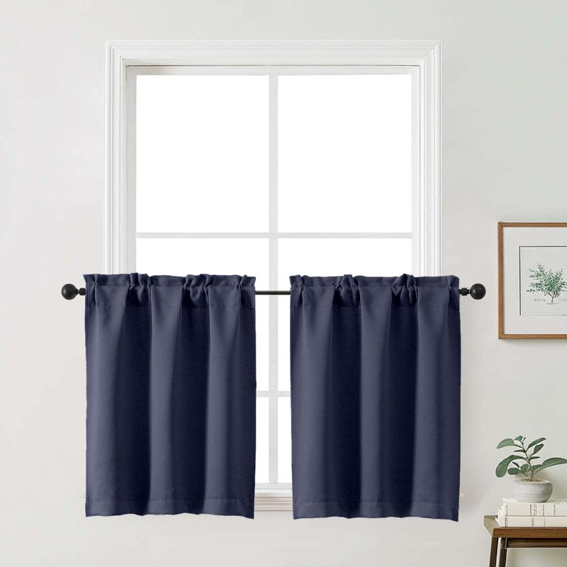 Navy Blue Kitchen Curtains 30 Inch Length 2 Pack - Room Darkening Cafe Drapes