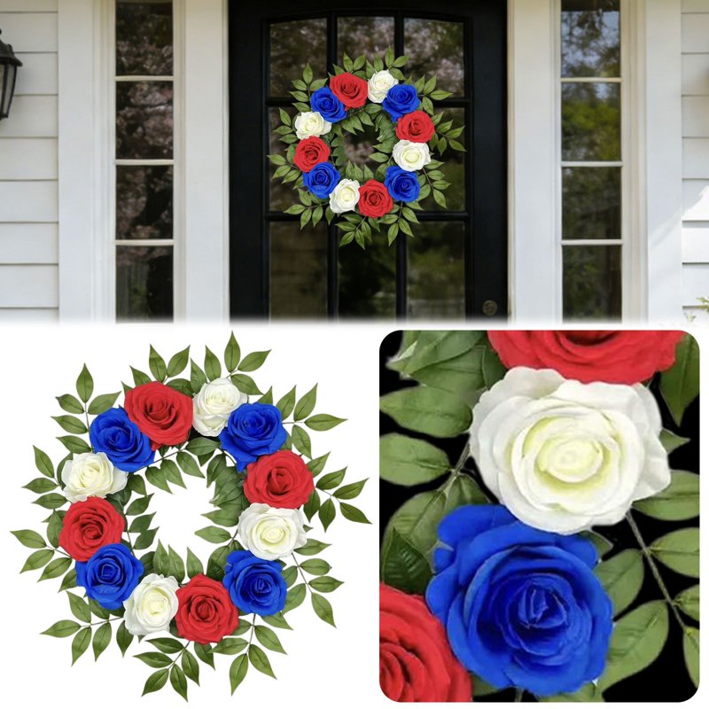 Patriotic Artificial Rose Wreath for 4th of July and Holiday Decor - Red White Blue Floral Front Door Wreath