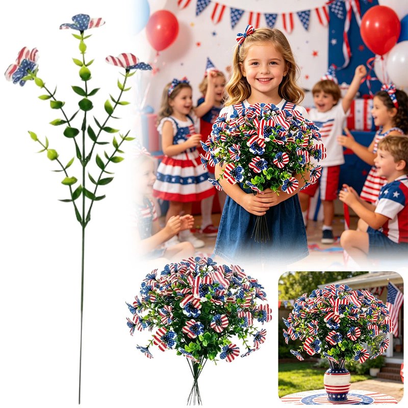 Patriotic Artificial Flower Bouquet Red White Blue for 4th of July Decor