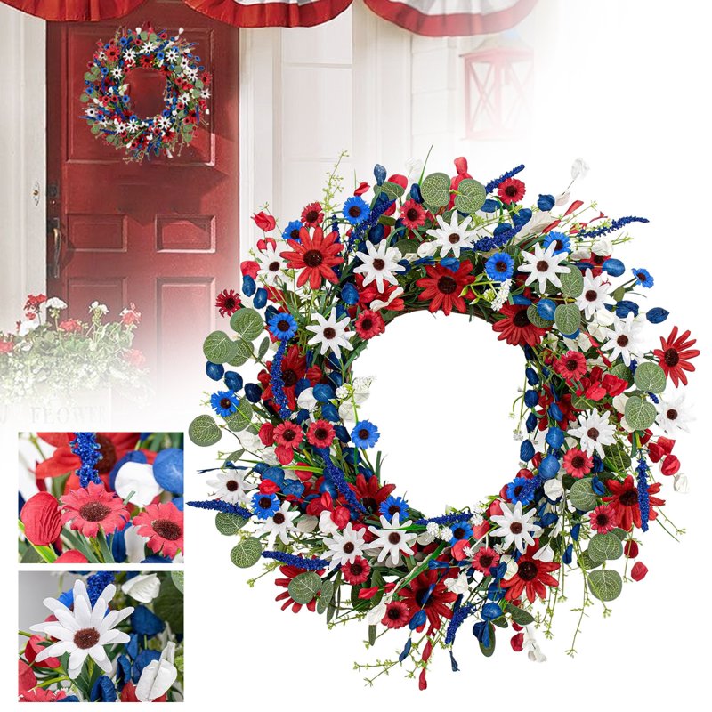 Patriotic Flower Wreath for Front Door - Red White Blue Independence Day Decor