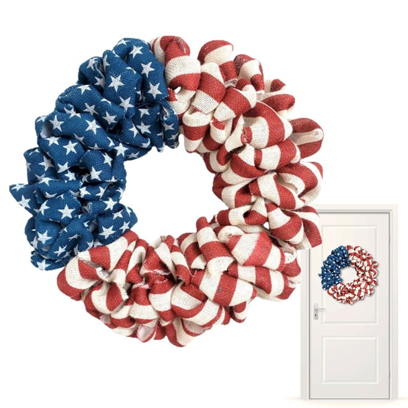 Patriotic Burlap Wreath for Front Door - Star & Stripe Independence Day Decor