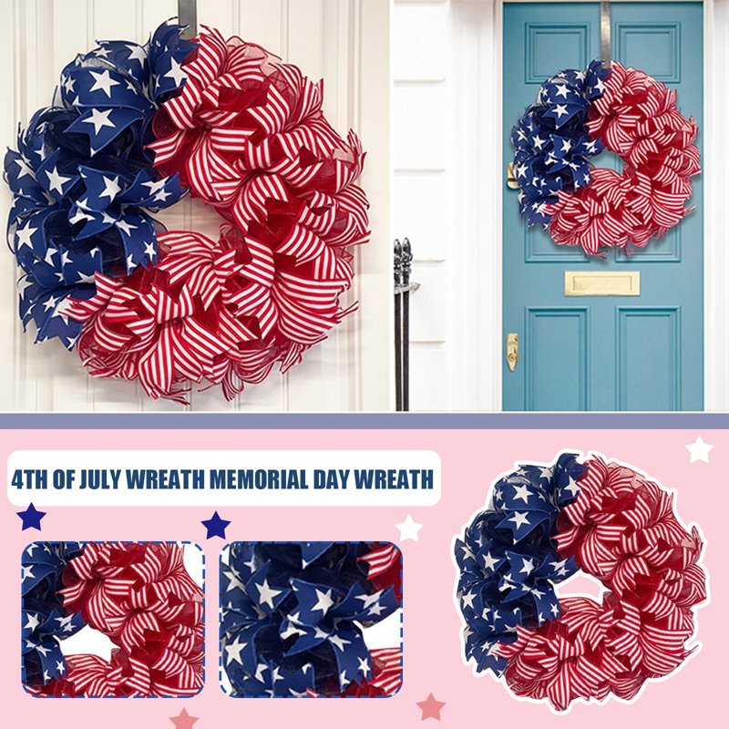 Patriotic Front Door Wreath with Red White Blue Ribbon Stars for Independence Day