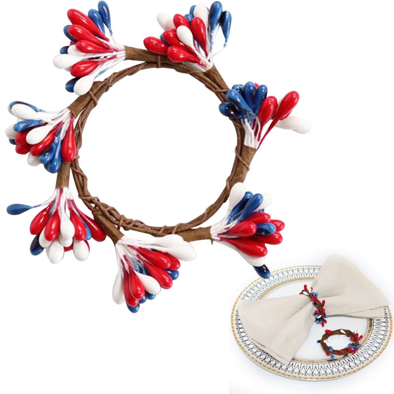 Patriotic Mini Wreath Napkin Ring Set - Red White Blue Berry Decor for 4th July Memorial Day