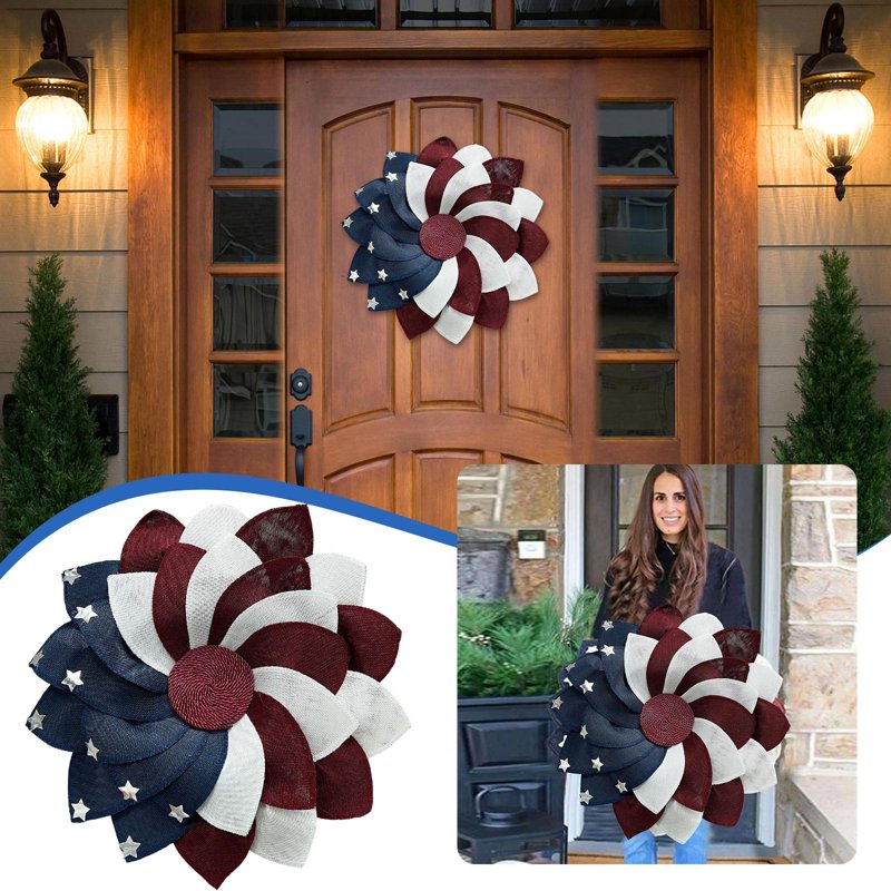 Patriotic Farmhouse Wreath with Star Accents for July 4th Memorial Day All-Season Front Door Decor