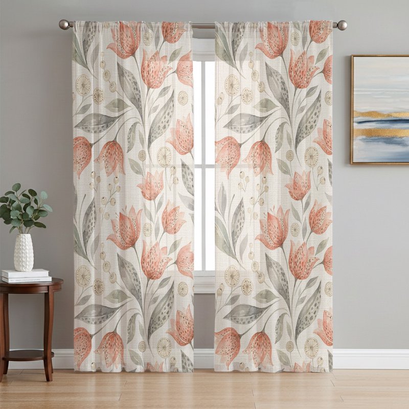 Peach Floral Sheer Curtains Set - 2 Panels, Farmhouse Botanical Window Treatment