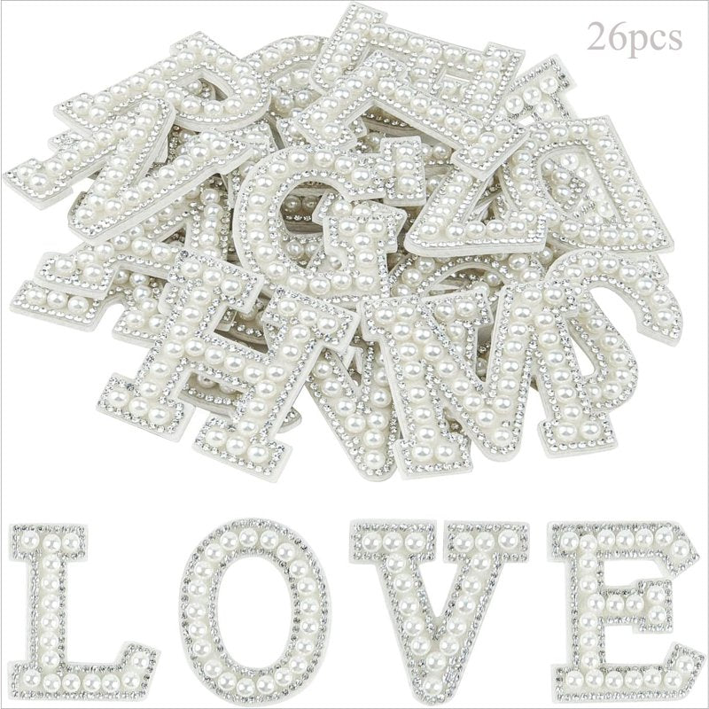 Pearl Rhinestone Letter Patches 26-Pack Self-Adhesive Fabric A-Z Stick-On Embellishments