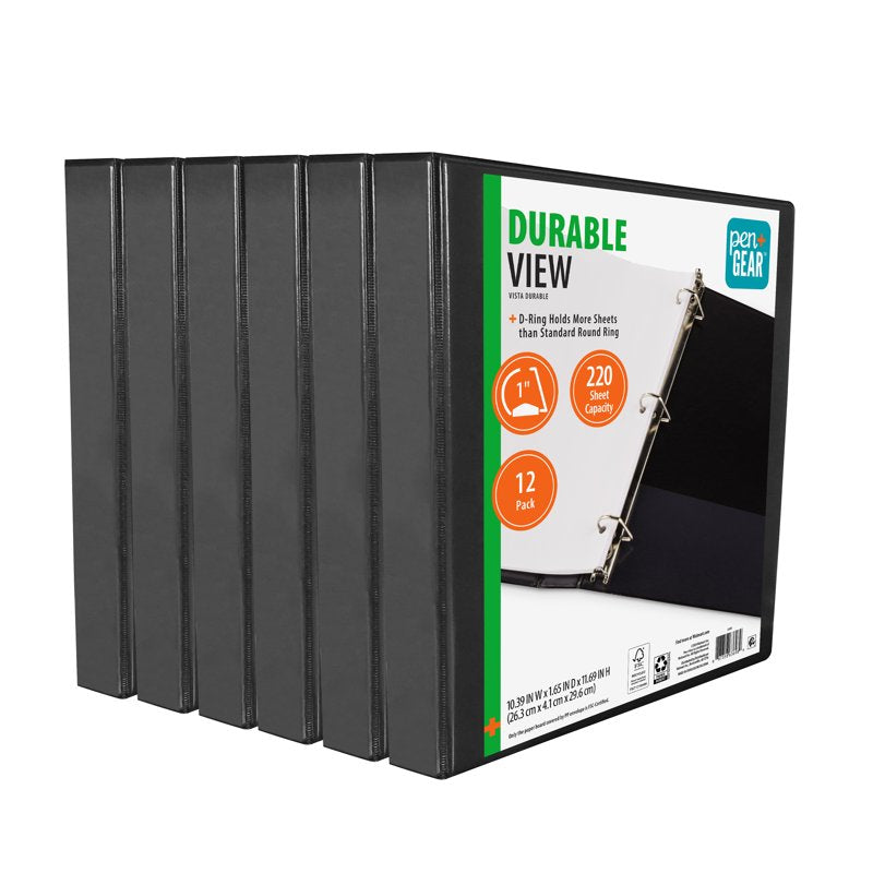 1-Inch Durable Binder with Slanted D-Rings, Black - 12 Pack