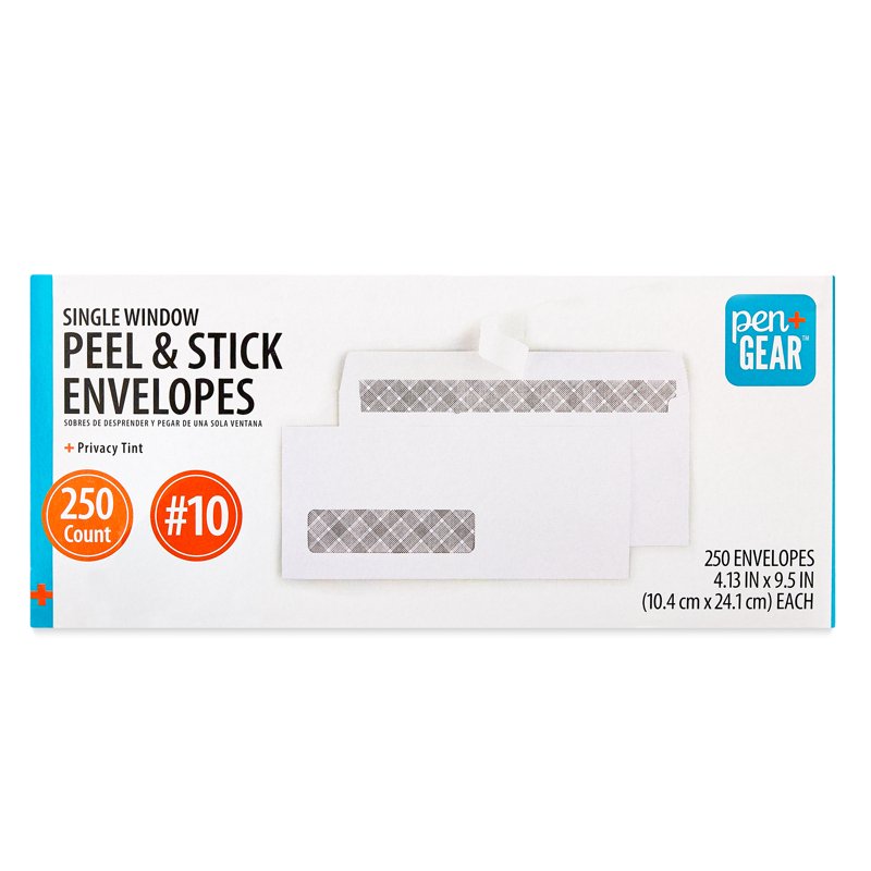 Pen+Gear #10 Single Window Peel & Stick Envelopes 250 Pack White Security Tinted