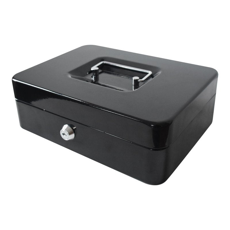 10 Inch Metal Cash Box with Key Lock and Money Tray - Black