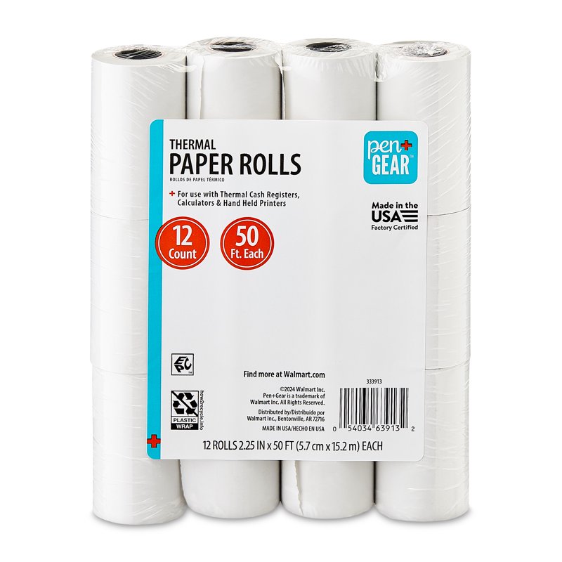 Thermal Paper Rolls 2 1/4" x 50' BPA-Free 12-Pack for POS & Cash Registers