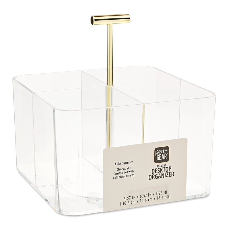 Acrylic Rotating Desk Organizer with 4 Compartments - Clear, 6.57x6.57x7.28 in