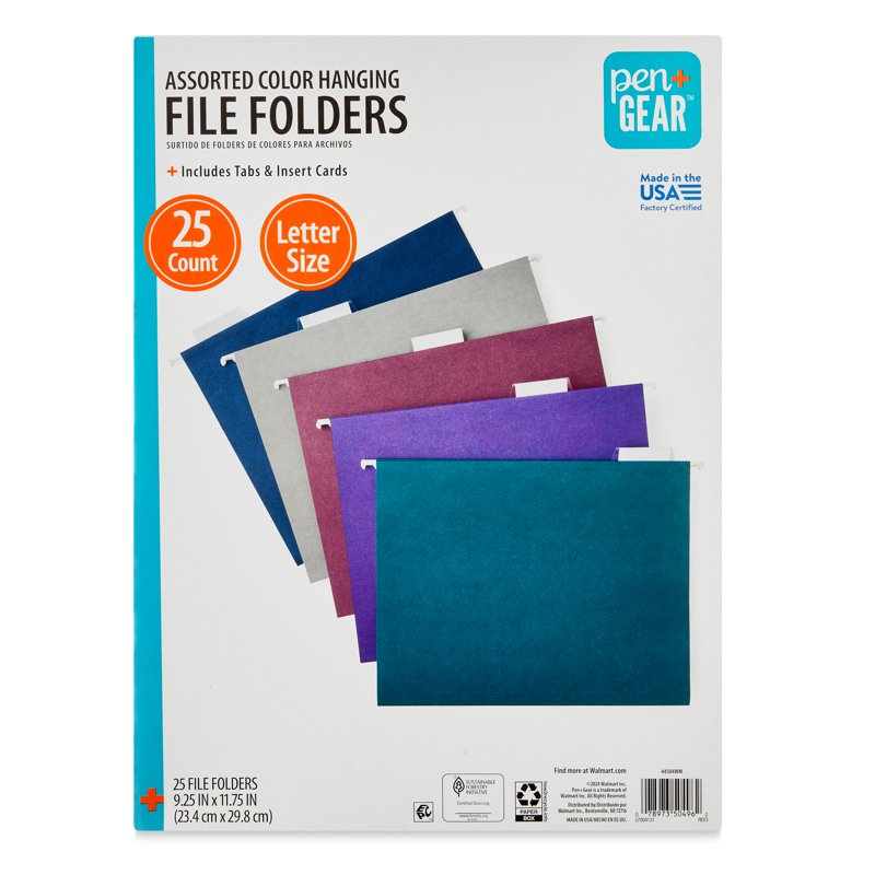 Assorted Jewel Tone Letter Size Hanging File Folders with Tabs - 25 Pack