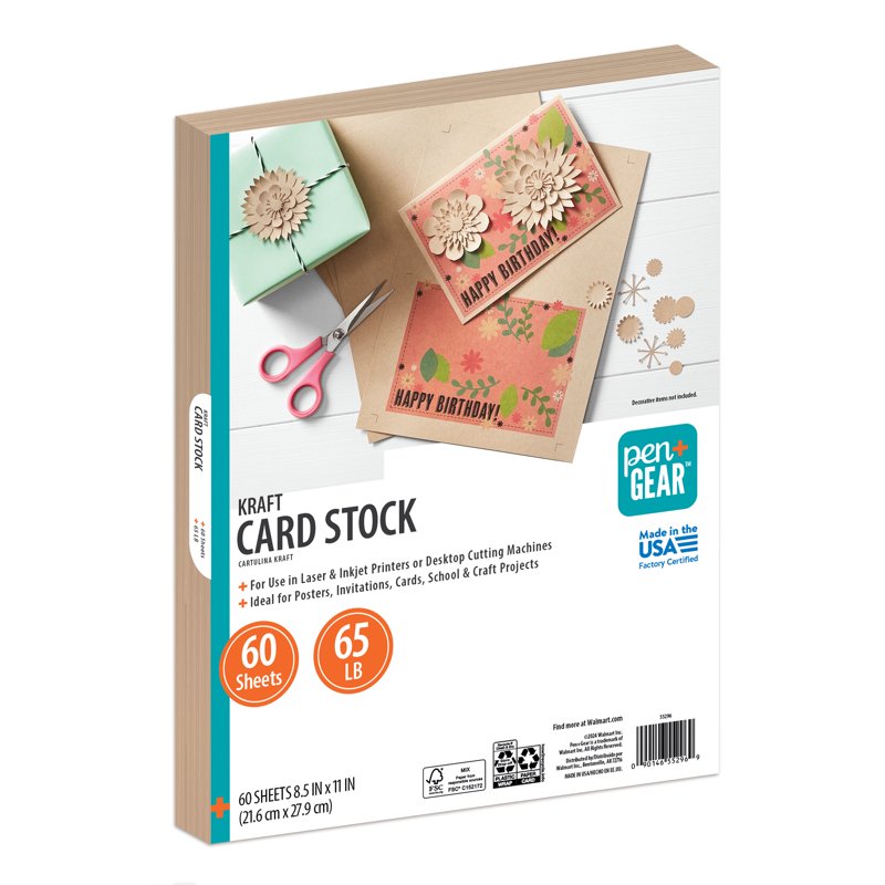 Kraft Card Stock Paper - 8.5 x 11 in, 65 lb, 60 Sheets, Multiple Pack Sizes