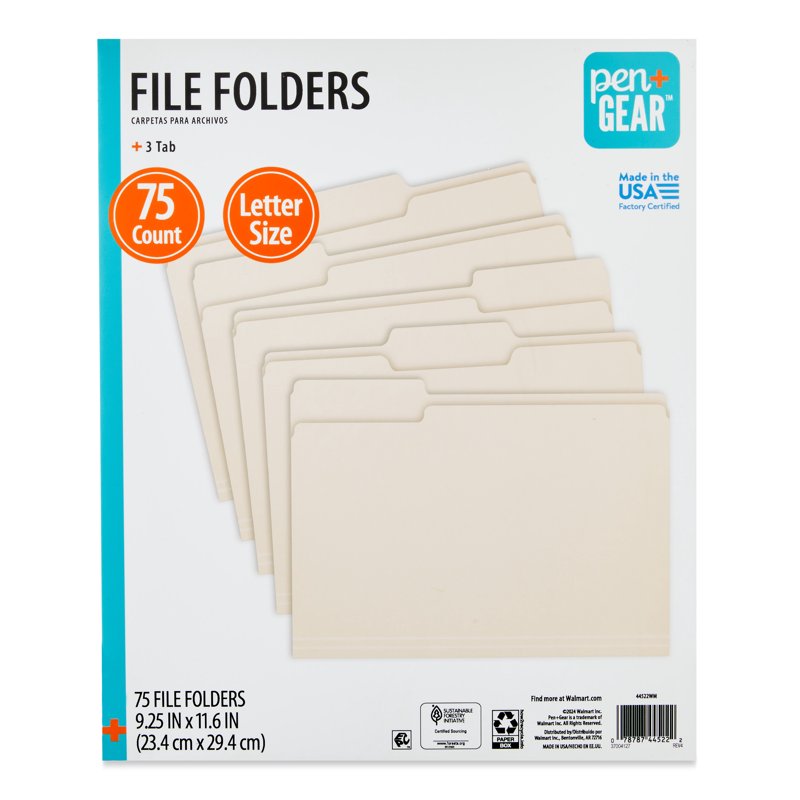 Letter Size 1/3 Cut File Folders - Manila, Bulk Pack of 75