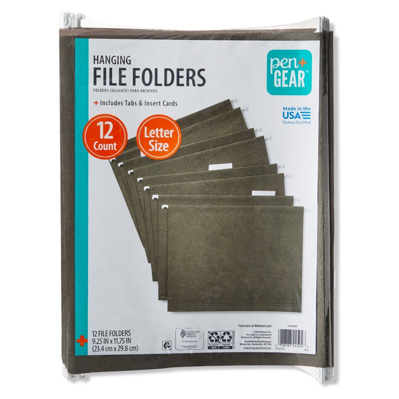 Letter Size Hanging File Folders - Green, 12 Pack Office Organization