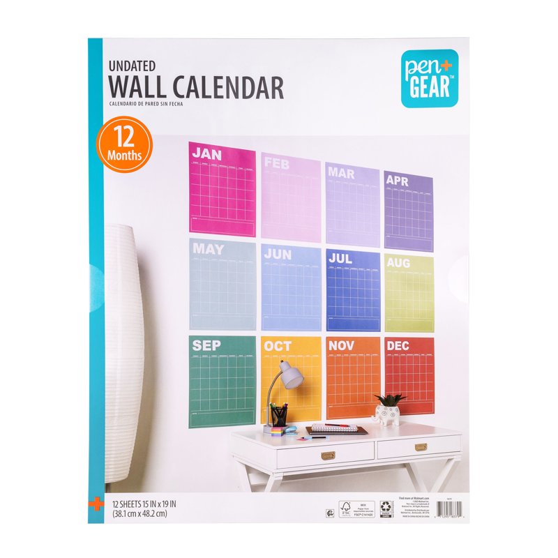 Large Rainbow Monthly Wall Calendar 15 x 19 Inches - Undated & Customizable