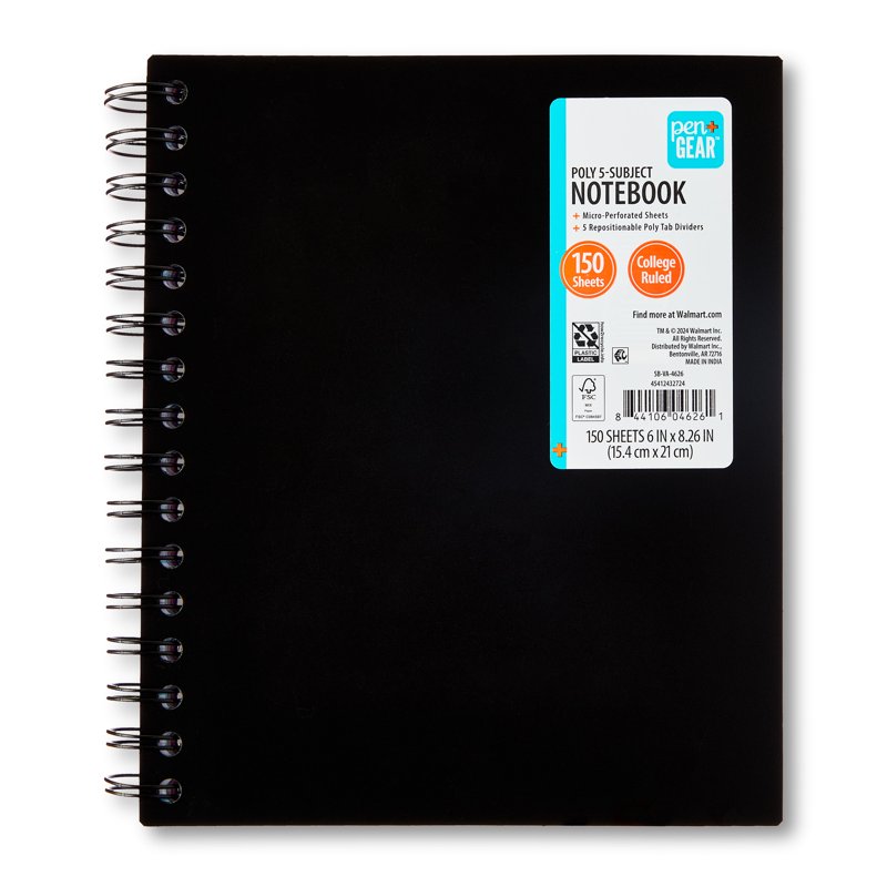 5-Subject Poly Notebook with Repositionable Dividers - 6x8.26 Black, 150 Sheets