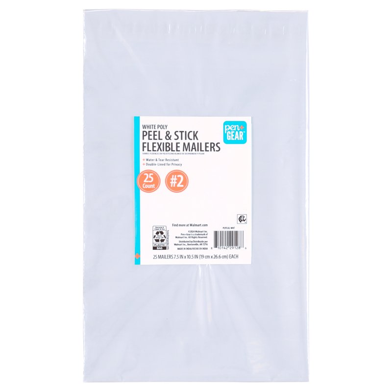 Self-Seal Poly Mailers - White, 7.5 x 10 Inches, Pack of 25