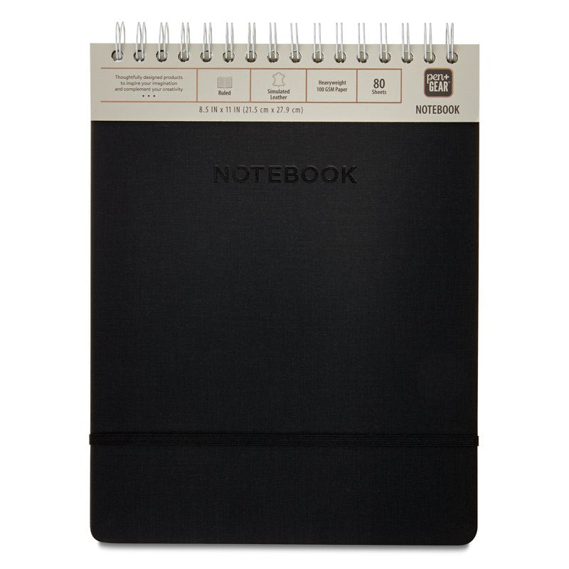 Spiral Leather-Like Notebook 8.5 x 11 Inches, 160 Pages, Black