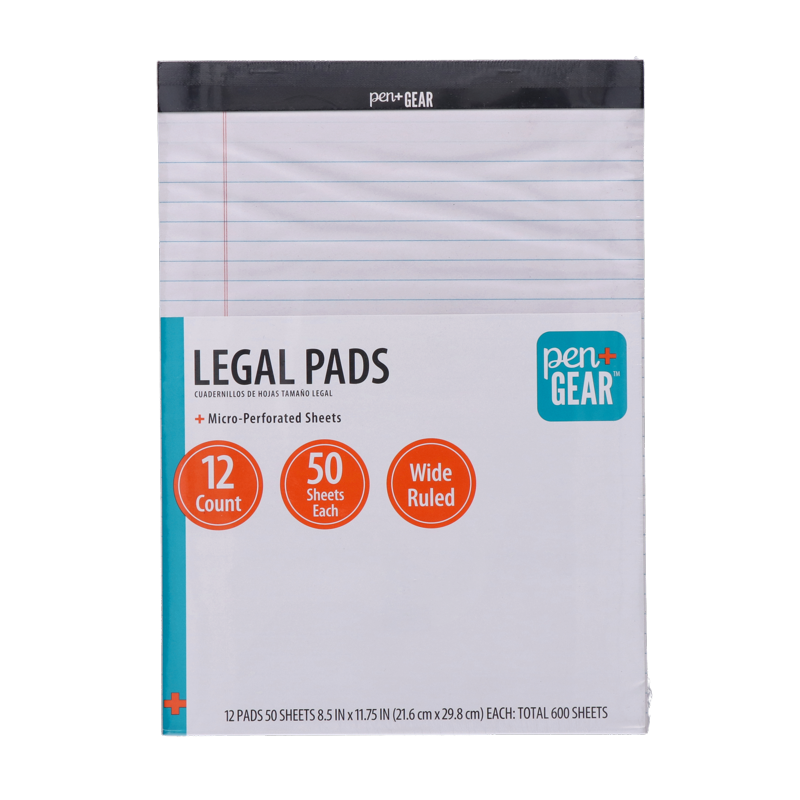 Legal Pads Wide Ruled 8.5x11 Inches - 50 Sheets, Pack of 12 Office Stationery