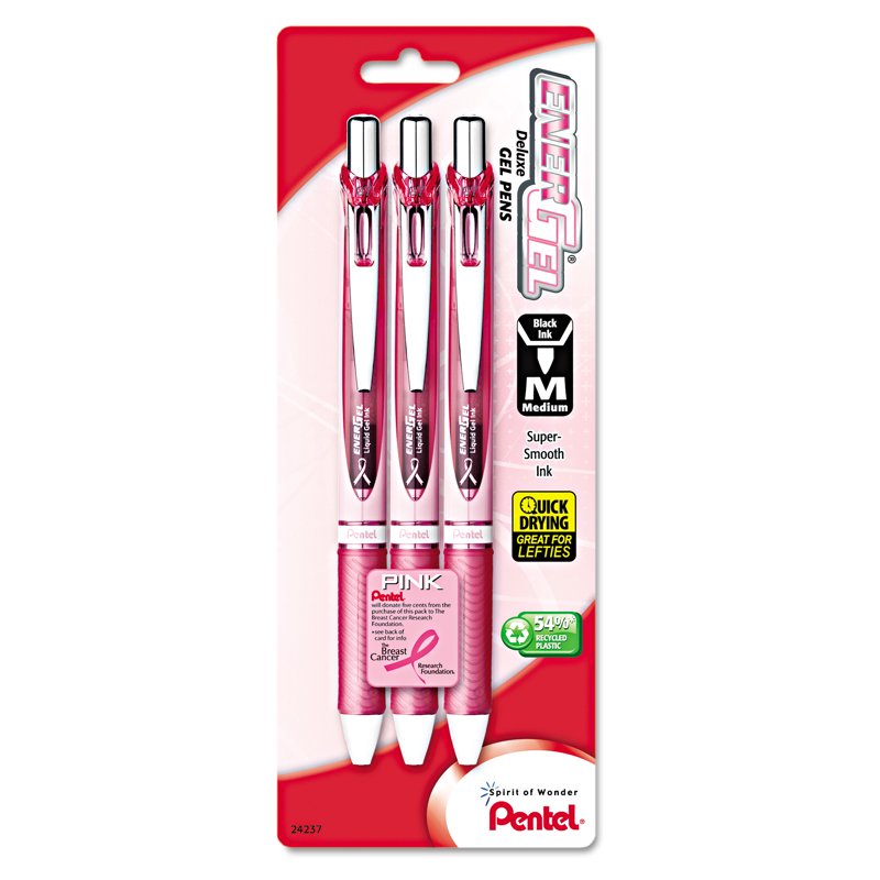 EnerGel Pink BCA Ribbon Gel Pen - Retractable Medium Point 0.7mm, 3-Pack