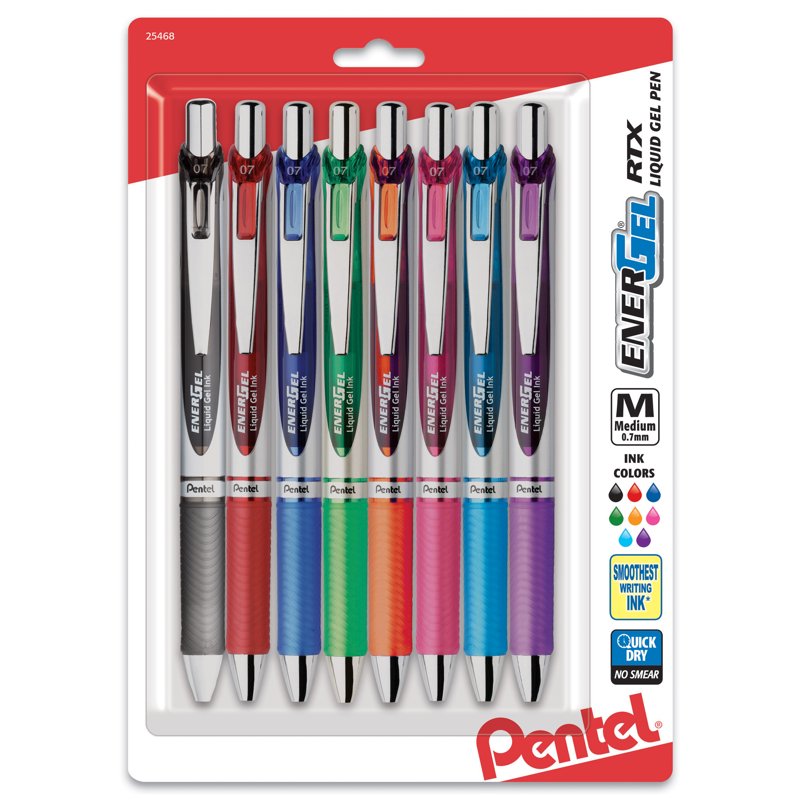 Pentel EnerGel RTX Gel Pen Set 8-Pack Medium Line Refillable Liquid Gel Ink
