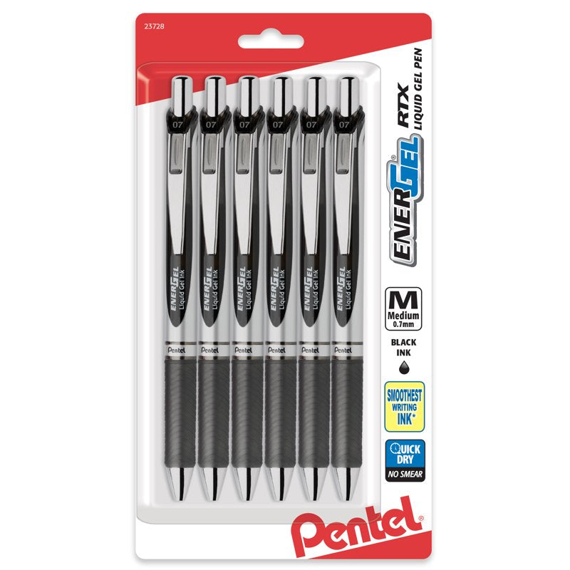 Gel Pen Set - Retractable Liquid Gel Pens with Metal Tips, Black Ink, 6 Pack