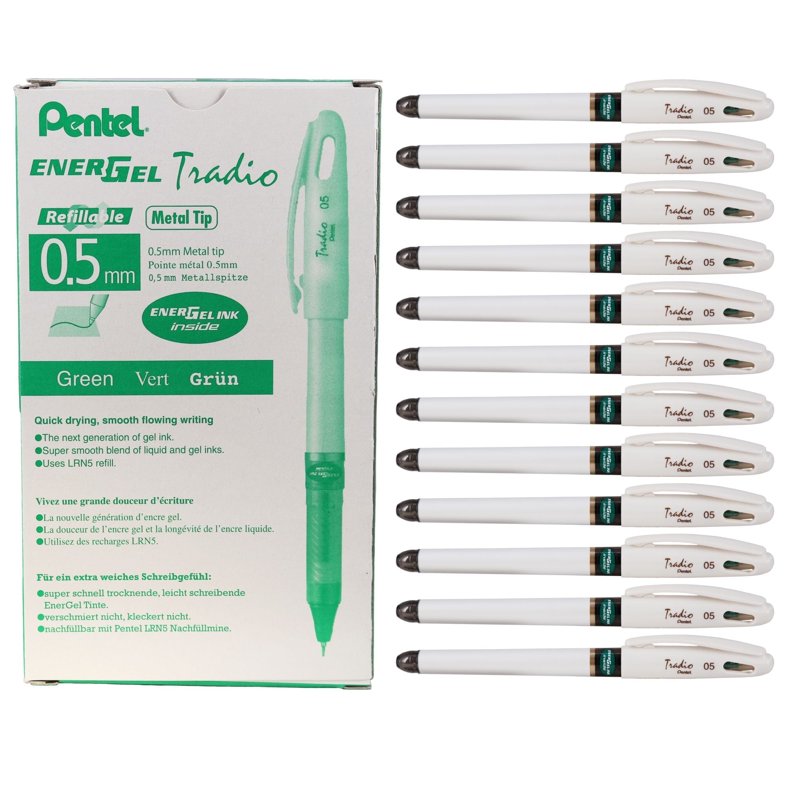 Green Liquid Gel Pen Set - 0.5mm Needle Tip Refillable Pens, 12 Pack