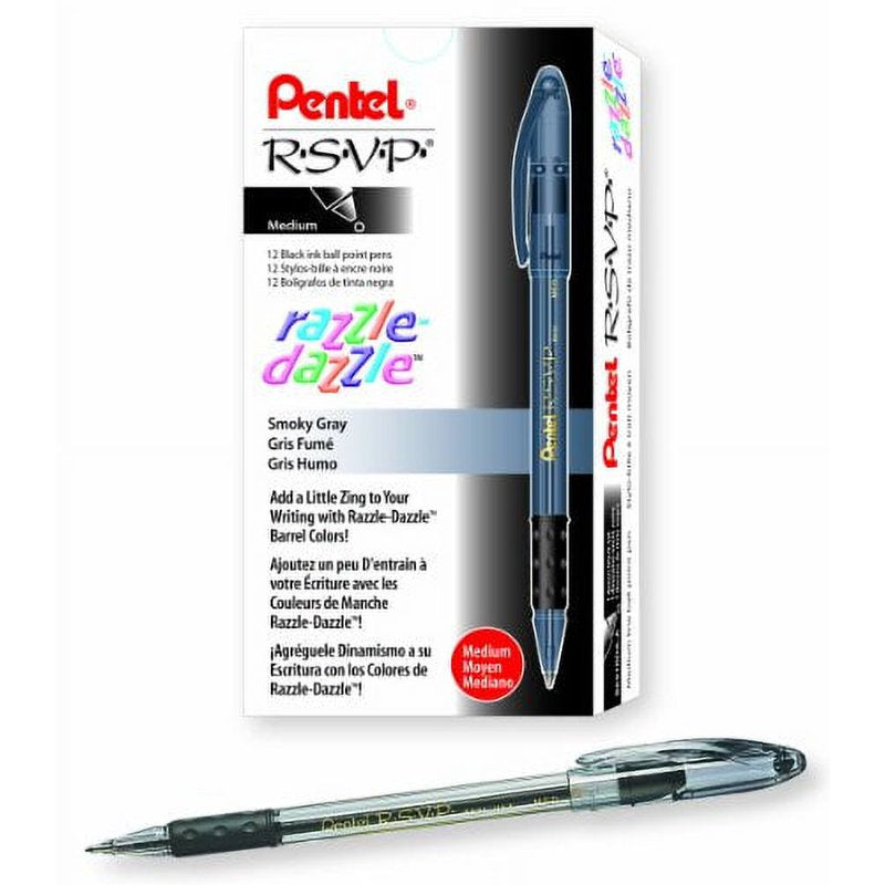 Pentel RSVP Razzle-Dazzle Ballpoint Pen 1.0mm Medium Black Ink 12-Pack - Smokey Gray Barrel