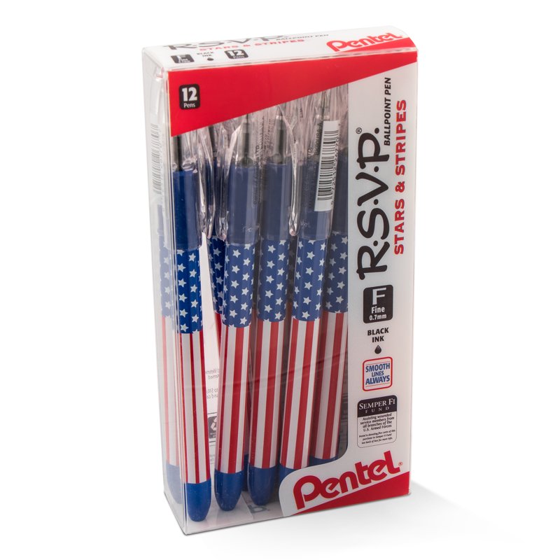 Ballpoint Pen 12 Pack - Fine 0.7mm Line, Stars & Stripes Flag Design, Black Ink