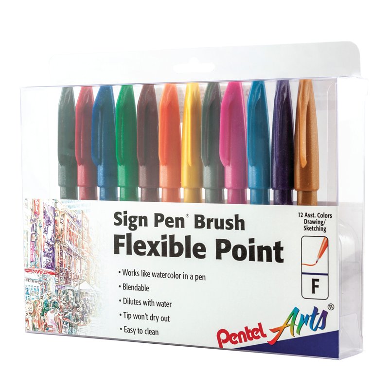 Pentel Sign Pen Brush Tip Set - 12 Vibrant Water-Based Markers for Calligraphy and Art