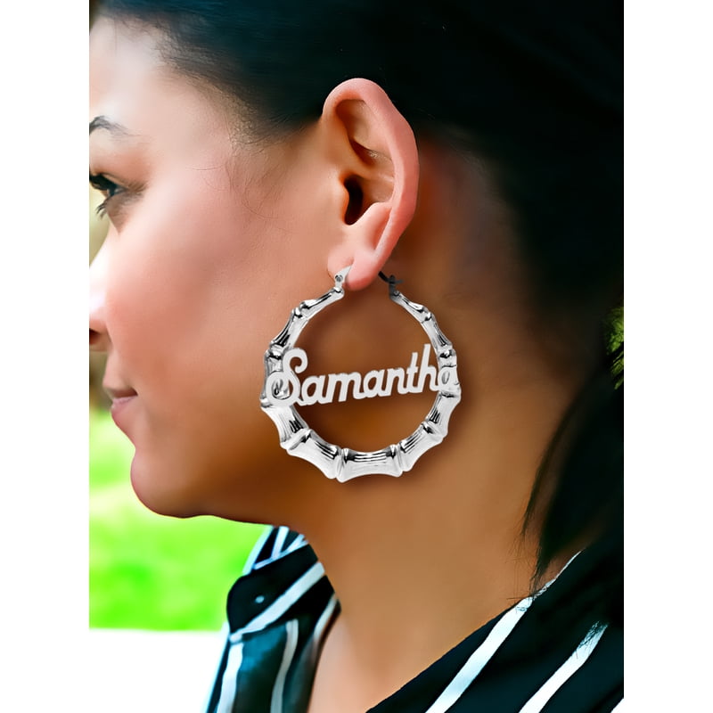 Personalized 3-Inch Bamboo Name Earrings in Silver - Custom Name Jewelry