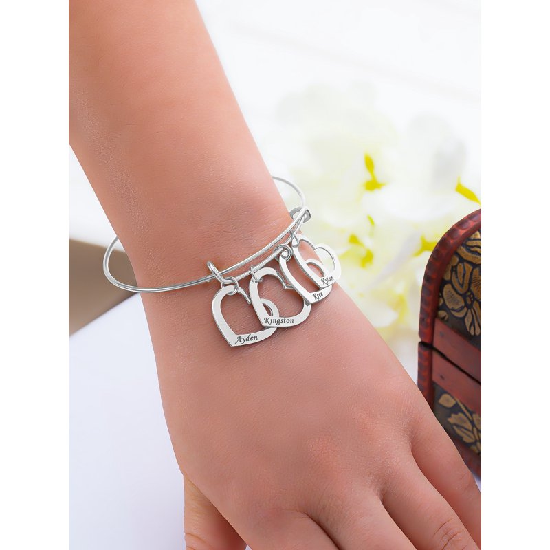 Personalized Family Name Bangle Bracelet with Four Hanging Hearts – Custom Engraved Jewelry for Women