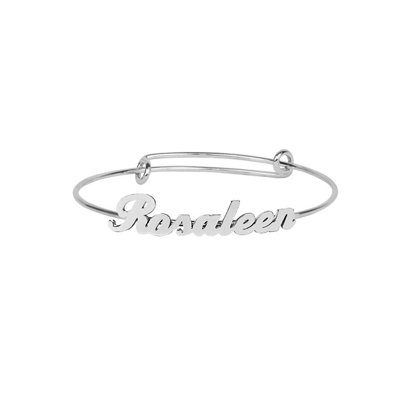 Personalized Name Bangle Bracelet for Women - Script Font, Adjustable, Custom Charms