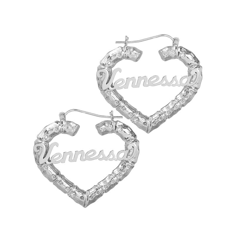 Personalized Sterling Silver Heart Hoop Earrings with Bamboo Style Design