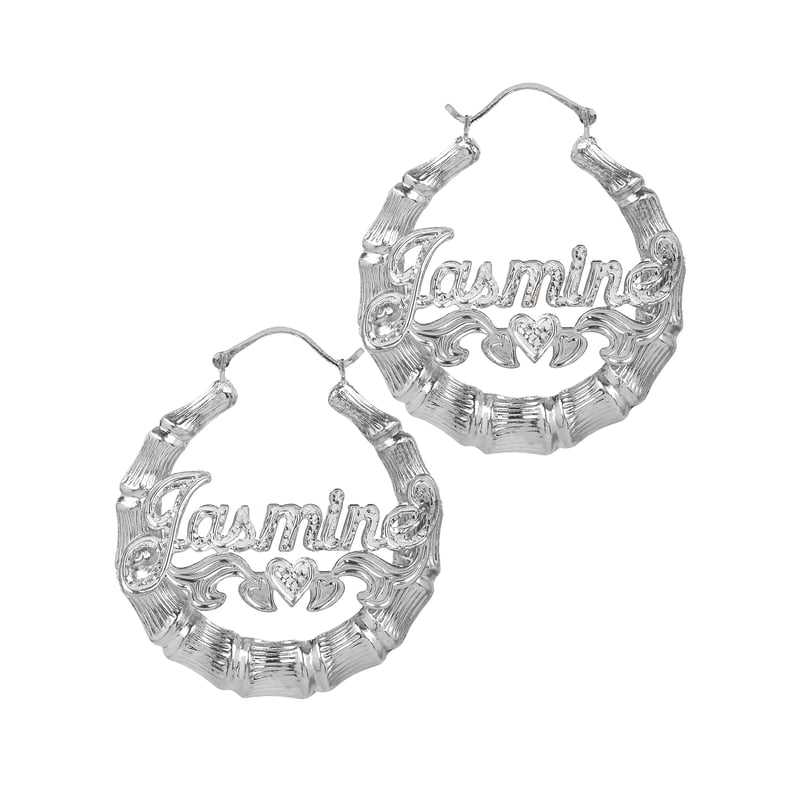 Personalized Bamboo Hoop Earrings with Beading and Rhodium Finish – Custom Name Jewelry