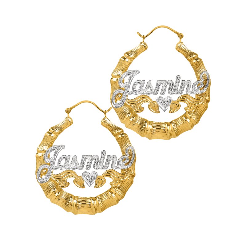 Personalized Bamboo Hoop Earrings with Beading and Rhodium Finish – Custom Name Jewelry