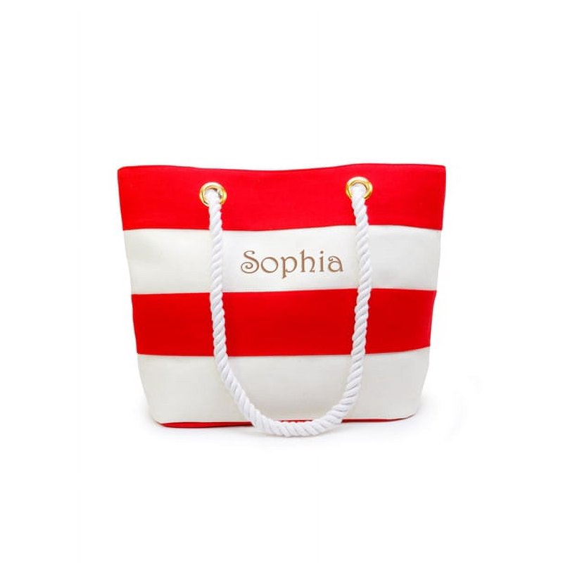 Personalized Beach Tote Bag - Small Canvas Nautical Shopping Bag with Rope Handles