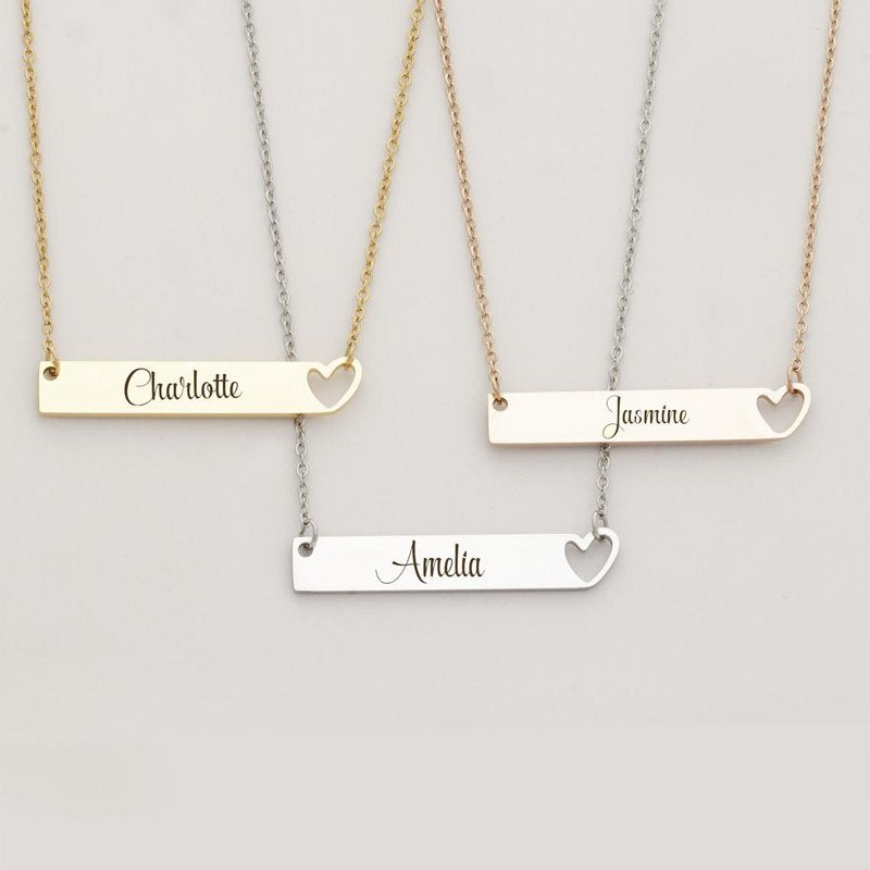 Personalized Heart Bar Necklace for Women - Engravable Stainless Steel Gift