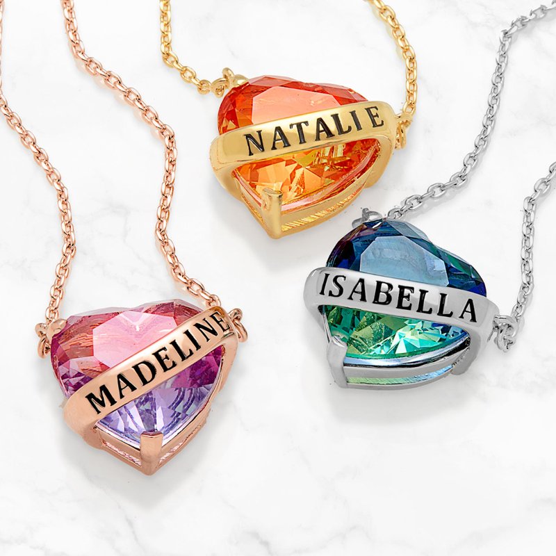 Personalized Heart Necklace with Iridescent Stone & Custom Name Pendant - Gold, Silver, Rose Gold