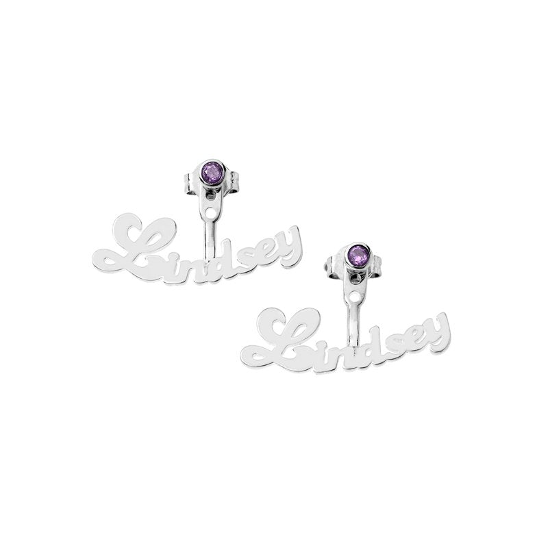 Personalized Birthstone Earrings with Name and Bubble Script - Gold, Silver, Rose Gold