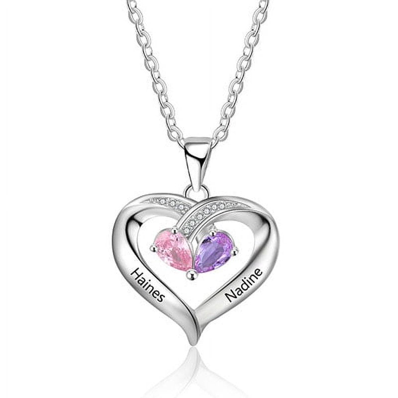 Personalized Couples Sterling Silver Heart Necklace with Birthstones & CZ Accents