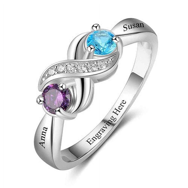 Personalized Couples Sterling Silver Birthstone Infinity Ring with CZ